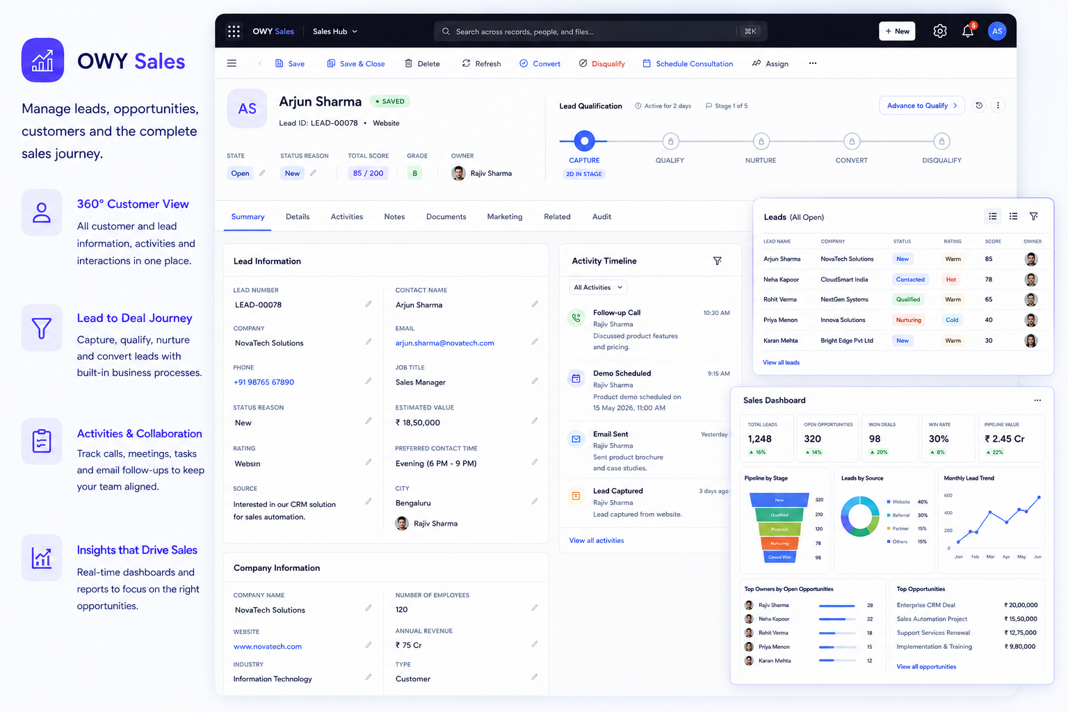 OWY customer record with connected lead, company and activity information